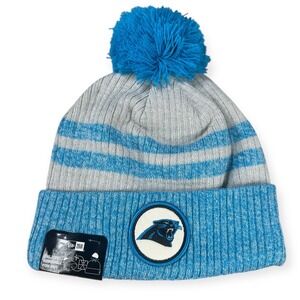 New Era Carolina Panthers Knit Beanie Pom Hat NFL Teamwear Blue Gray OSFM
